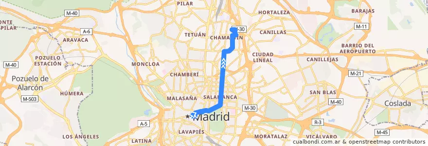 Mapa del recorrido Bus 52: Sol → Santamarca de la línea  en Madrid.