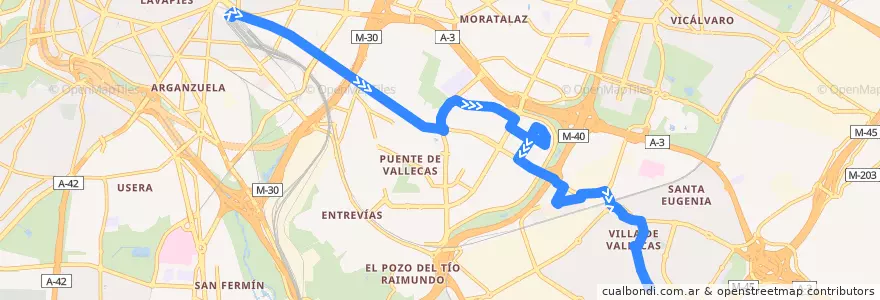 Mapa del recorrido Bus 54: Atocha → Barrio Vilano de la línea  en Madrid.