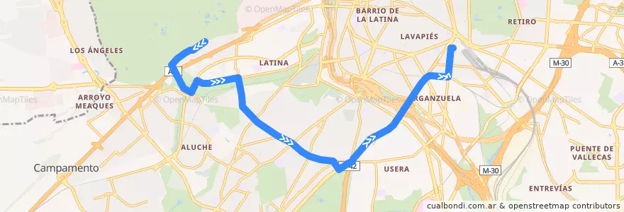 Mapa del recorrido Bus 55: Batan → Atocha de la línea  en Madrid.