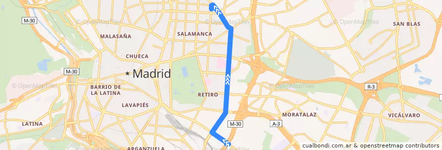 Mapa del recorrido Bus 56: Puente Vallecas → Diego de León de la línea  en Madrid.