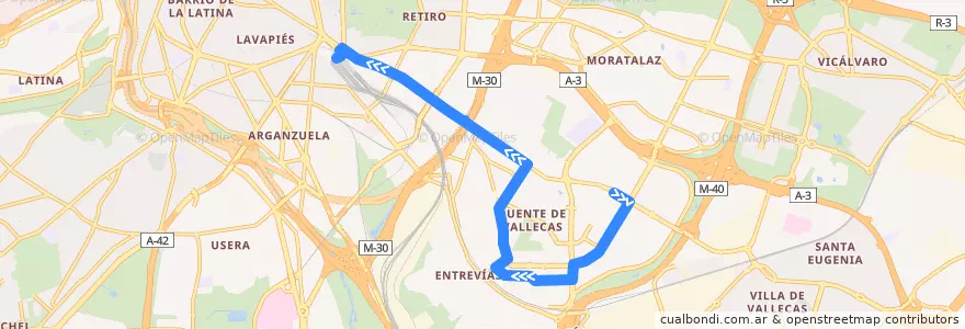 Mapa del recorrido Bus 57: Alto Del Arenal → Atocha de la línea  en 마드리드.