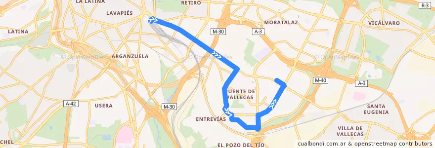 Mapa del recorrido Bus 57: Atocha → Alto del Arenal de la línea  en Madrid.