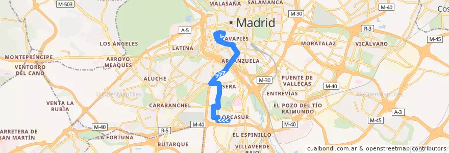 Mapa del recorrido Bus 60: Orcasitas → Plaza Cebada de la línea  en Madrid.