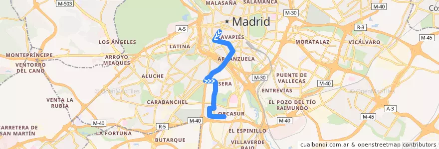 Mapa del recorrido Bus 60: Plaza Cebada → Orcasitas de la línea  en 마드리드.