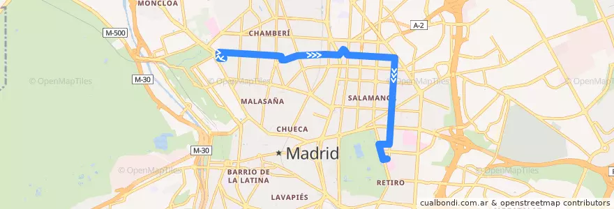 Mapa del recorrido Bus 61: Moncloa → Narvaez de la línea  en Madrid.
