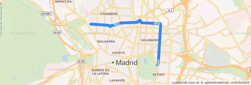 Mapa del recorrido Bus 61: Narvaez → Moncloa de la línea  en 마드리드.