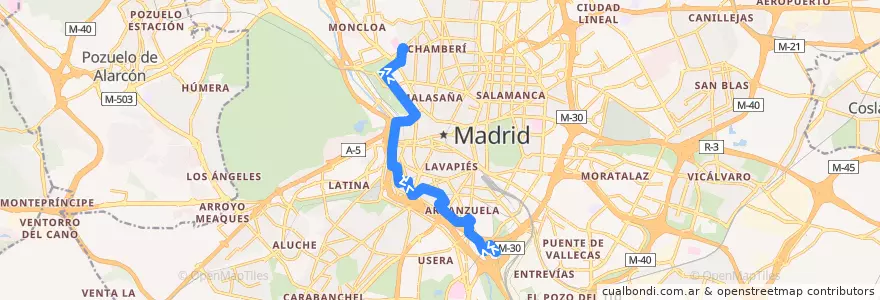 Mapa del recorrido Bus 62: Los Puertos → Cristo Rey de la línea  en Madrid.
