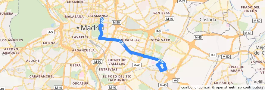 Mapa del recorrido Bus 63: Felipe II → Santa Eugenia de la línea  en مدريد.