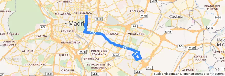 Mapa del recorrido Bus 63: Santa Eugenia → Felipe II de la línea  en Madrid.