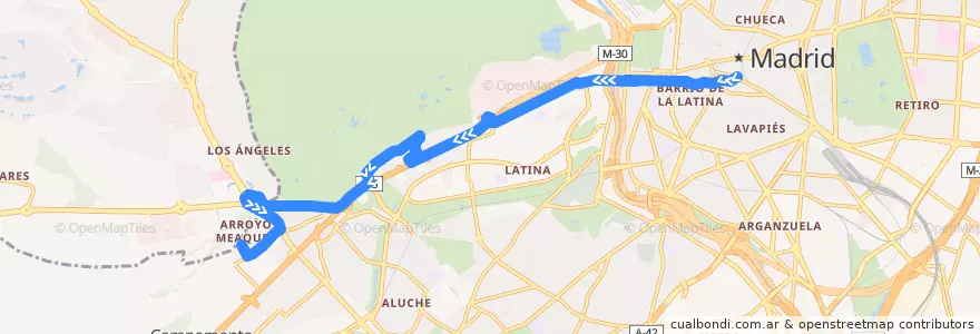 Mapa del recorrido Bus 65: Benavente → Gran Capitán de la línea  en Madrid.