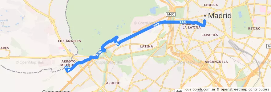 Mapa del recorrido Bus 65: Gran Capitán → Benavente de la línea  en Madrid.