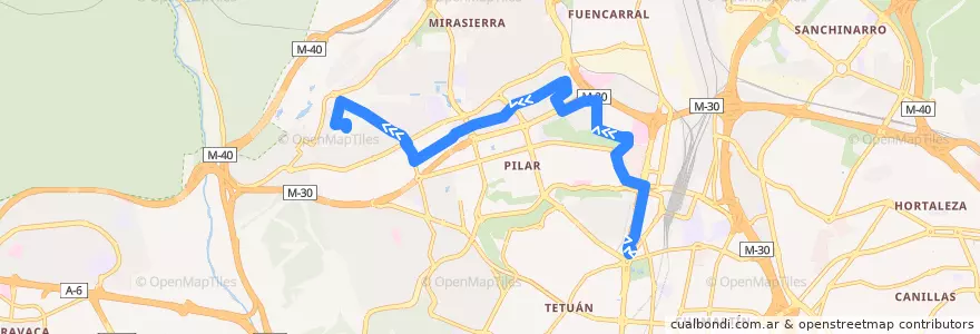 Mapa del recorrido Bus 67: Plaza Castilla → Bº Peñagrande de la línea  en 마드리드.