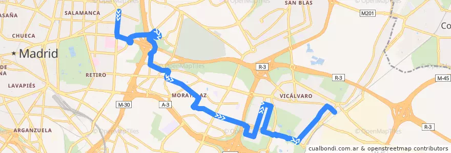 Mapa del recorrido Bus 71: Manuel Becerra → Puerta Arganda de la línea  en Madrid.