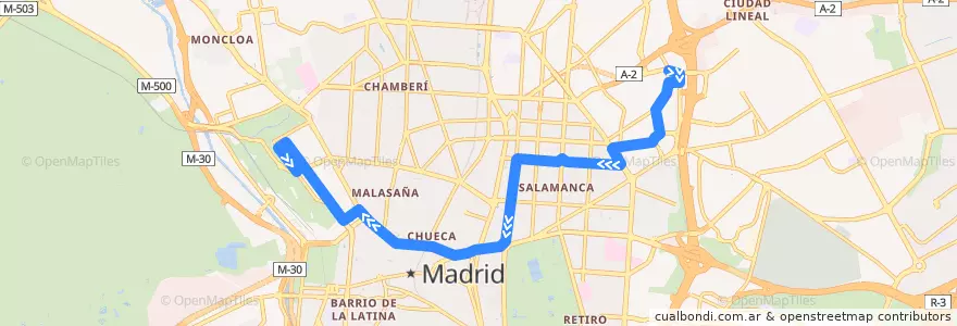 Mapa del recorrido Bus 74: Parque Avenidas → Pintor Rosales de la línea  en Madrid.