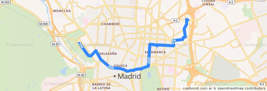 Mapa del recorrido Bus 74: Pintor Rosales → Parque Avenidas de la línea  en 마드리드.