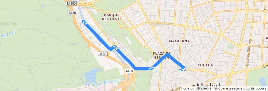 Mapa del recorrido Bus 75: Callao → Colonia Manzanares de la línea  en Madrid.