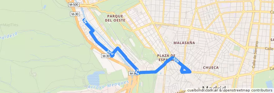 Mapa del recorrido Bus 75: Colonia Manzanares → Callao de la línea  en Madrid.