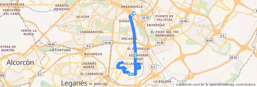 Mapa del recorrido Bus 79: Legazpi → Villaverde Alto de la línea  en Madrid.