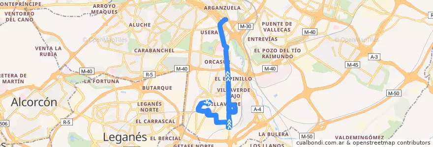 Mapa del recorrido Bus 79: Villaverde Alto → Legazpi de la línea  en Madrid.