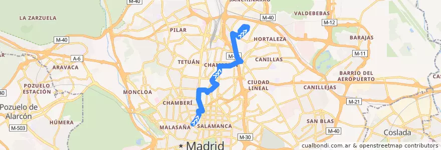 Mapa del recorrido Bus 7: Alonso Martínez → Manoteras de la línea  en Madrid.