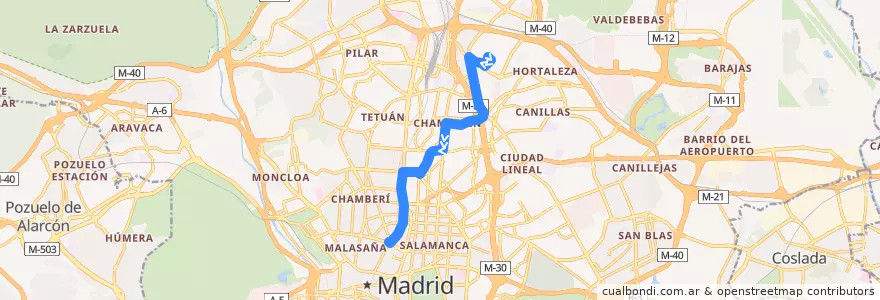 Mapa del recorrido Bus 7: Manoteras → Alonso Martínez de la línea  en Madrid.