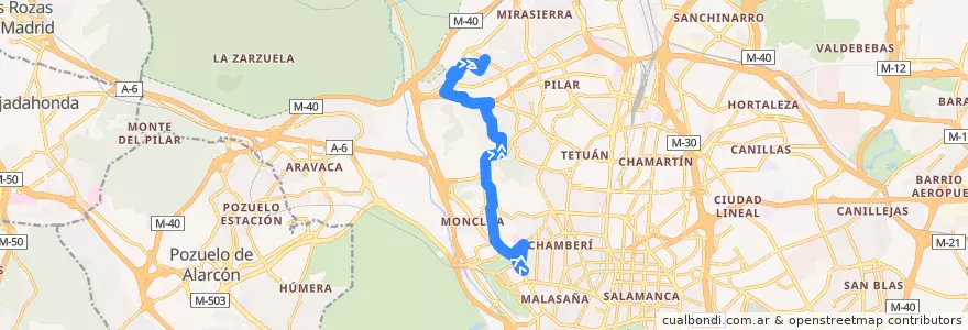 Mapa del recorrido Bus 82: Moncloa → Barrio Peñagrande de la línea  en 마드리드.