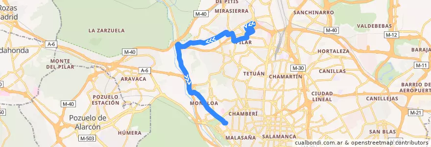Mapa del recorrido Bus 83: Barrio Del Pilar → Moncloa de la línea  en Madrid.