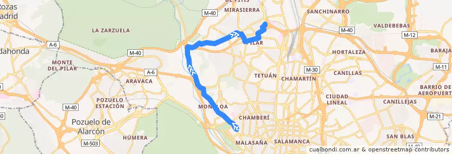 Mapa del recorrido Bus 83: Moncloa → Barrio Del Pilar de la línea  en Madrid.