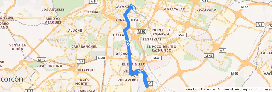 Mapa del recorrido Bus 85: Atocha → Los Rosales de la línea  en Madrid.