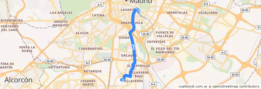 Mapa del recorrido Bus 86: Atocha → Villaverde Alto de la línea  en Madrid.