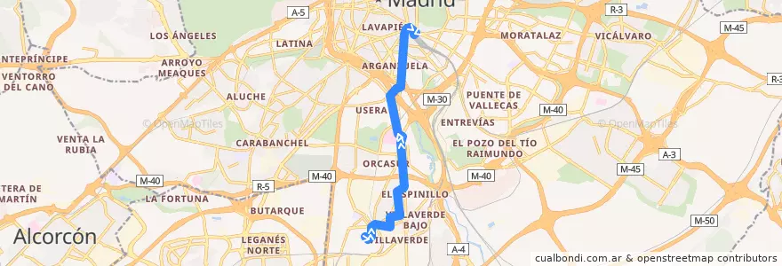 Mapa del recorrido Bus 86: Villaverde Alto → Atocha de la línea  en Madrid.