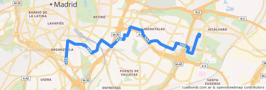 Mapa del recorrido Bus 8: Legazpi → Valdebernardo de la línea  en Madrid.