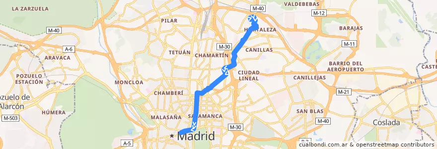 Mapa del recorrido Bus 9: Hortaleza → Sevilla de la línea  en Madrid.