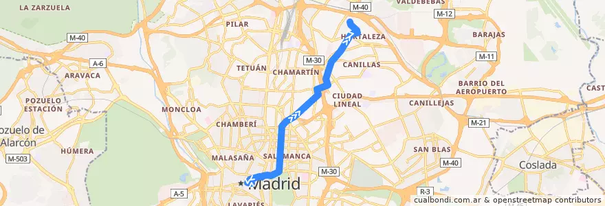 Mapa del recorrido Bus 9: Sevilla → Hortaleza de la línea  en Madrid.