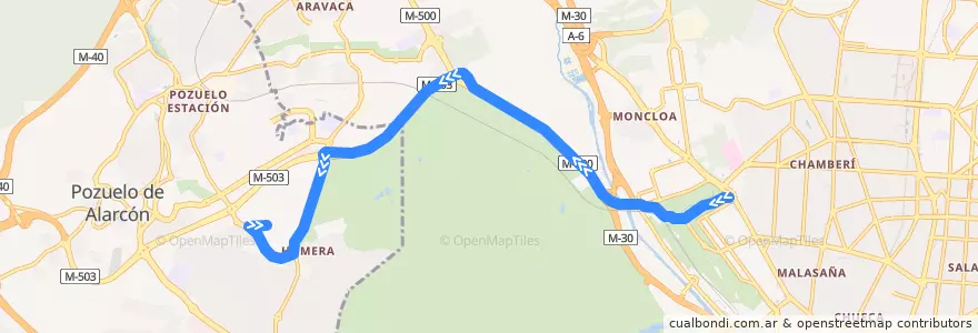 Mapa del recorrido Bus A: Moncloa → Somosaguas de la línea  en Área metropolitana de Madrid y Corredor del Henares.