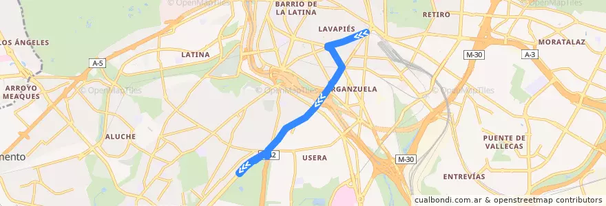 Mapa del recorrido Bus E1: Atocha → Plaza Eliptica de la línea  en Madrid.