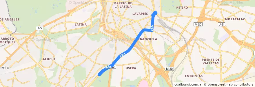 Mapa del recorrido Bus E1: Plaza Eliptica → Atocha de la línea  en Madrid.