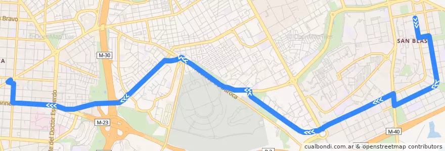 Mapa del recorrido Bus E2: Las Rosas → Felipe II de la línea  en 마드리드.