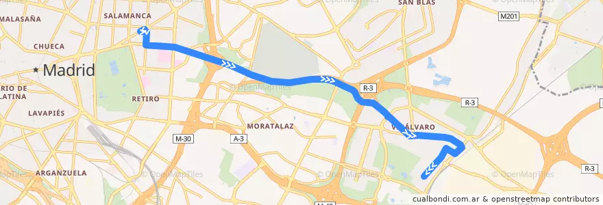 Mapa del recorrido Bus E3: Avenida Felipe II → Valderribas de la línea  en Madrid.