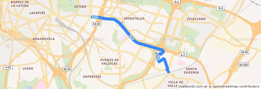 Mapa del recorrido Bus E: Conde de Casal → Politécnico de la línea  en 마드리드.