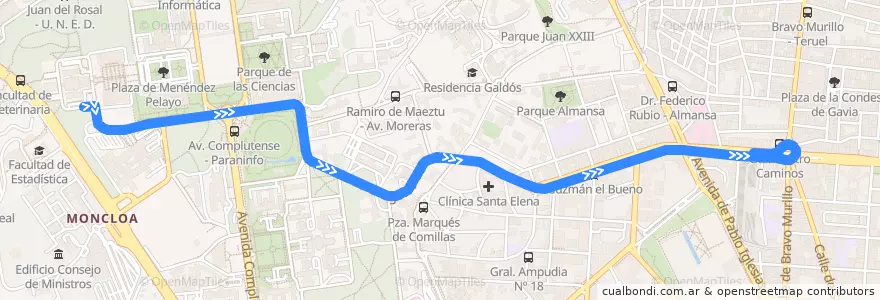 Mapa del recorrido Bus F: C. Universitaria → Cuatro Caminos de la línea  en Madrid.