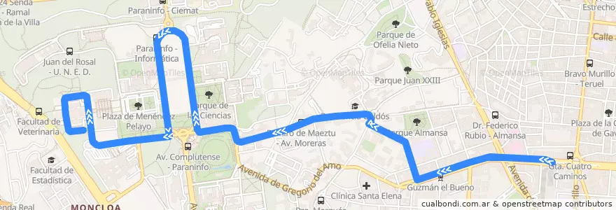 Mapa del recorrido Bus F: Cuatro Caminos → C. Universitaria de la línea  en Madrid.