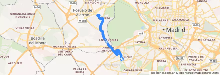 Mapa del recorrido Bus H: Aluche → Somosaguas de la línea  en Área metropolitana de Madrid y Corredor del Henares.