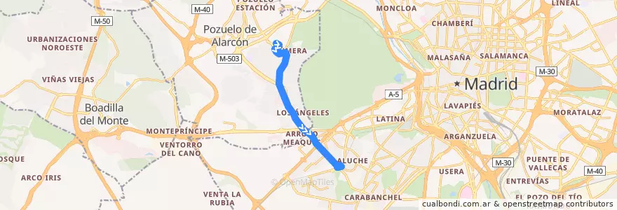 Mapa del recorrido Bus H: Somosaguas → Aluche de la línea  en Área metropolitana de Madrid y Corredor del Henares.