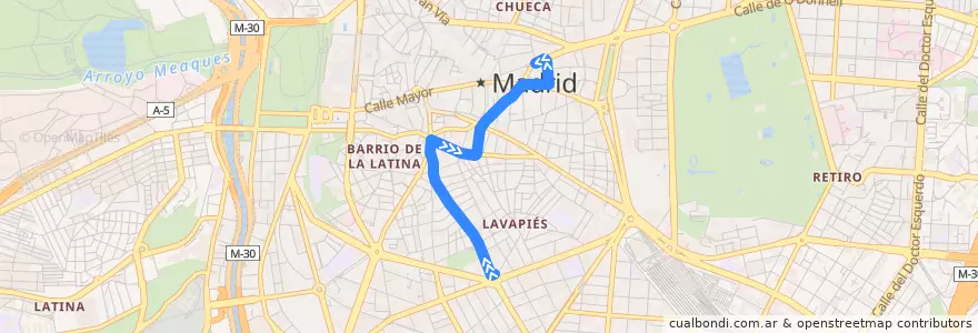 Mapa del recorrido Bus M1: Embajadores → Sevilla de la línea  en Madrid.