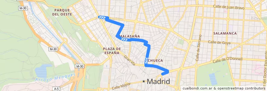 Mapa del recorrido Bus M2: Argüelles → Sevilla de la línea  en مدريد.