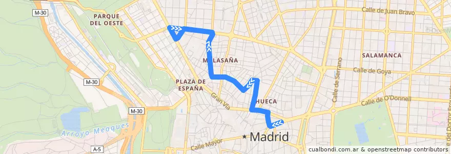 Mapa del recorrido Bus M2: Sevilla → Argüelles de la línea  en Madrid.