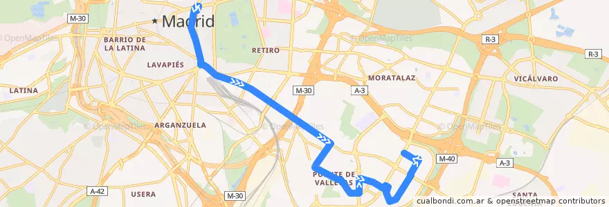 Mapa del recorrido Bus N10: Cibeles → Palomeras de la línea  en 마드리드.