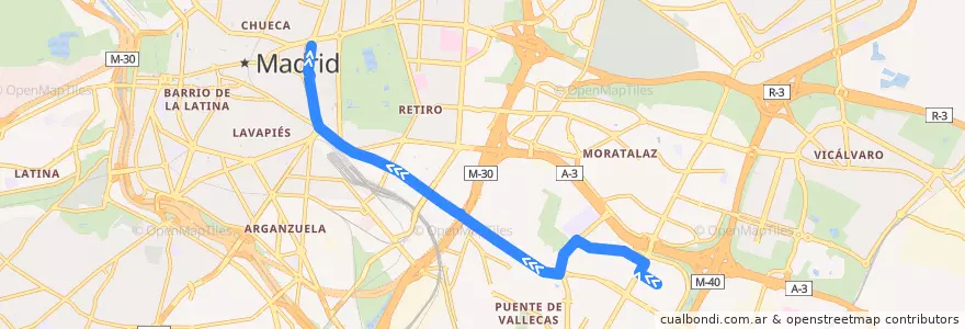 Mapa del recorrido Bus N10: Palomeras → Cibeles de la línea  en Madrid.