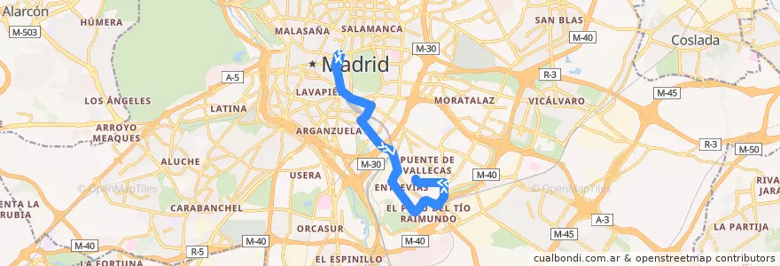Mapa del recorrido Bus N11: Cibeles → Madrid Sur de la línea  en Madrid.